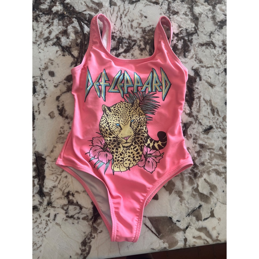 Def Leppard Girls Neon Coral Pink One Piece Swimsuit Leopard Graphic Size 4/5